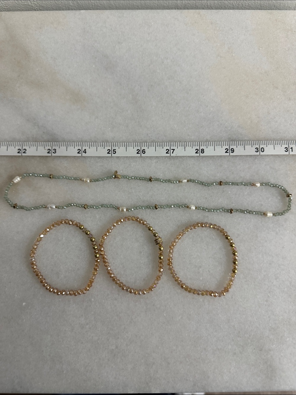 Delicate Green Beaded Necklace with Champagne Crystal Stretch Bracelets